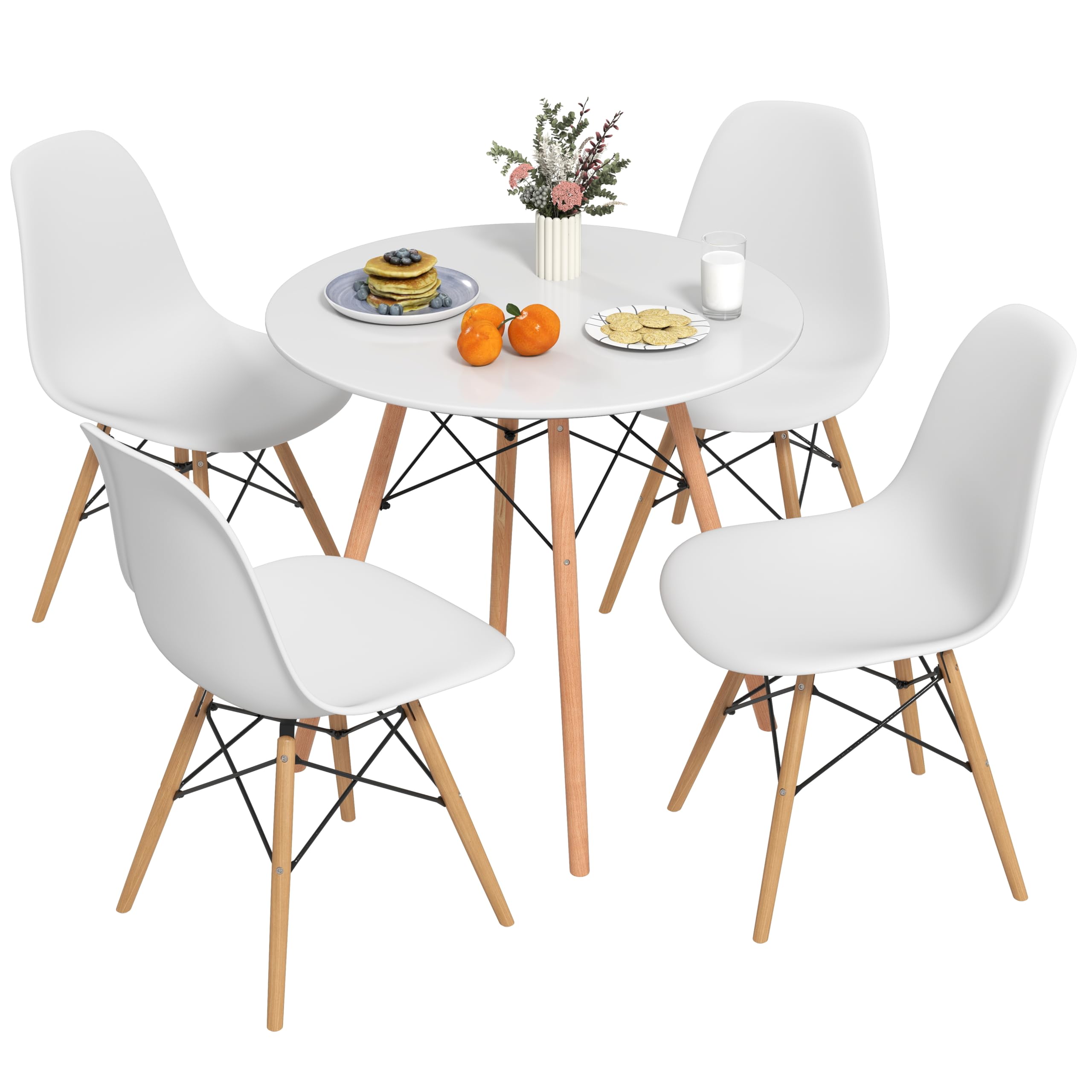 Tangkula Round Dining Table Set for 4, Kitchen Table Set with Seat & Solid Wood Legs